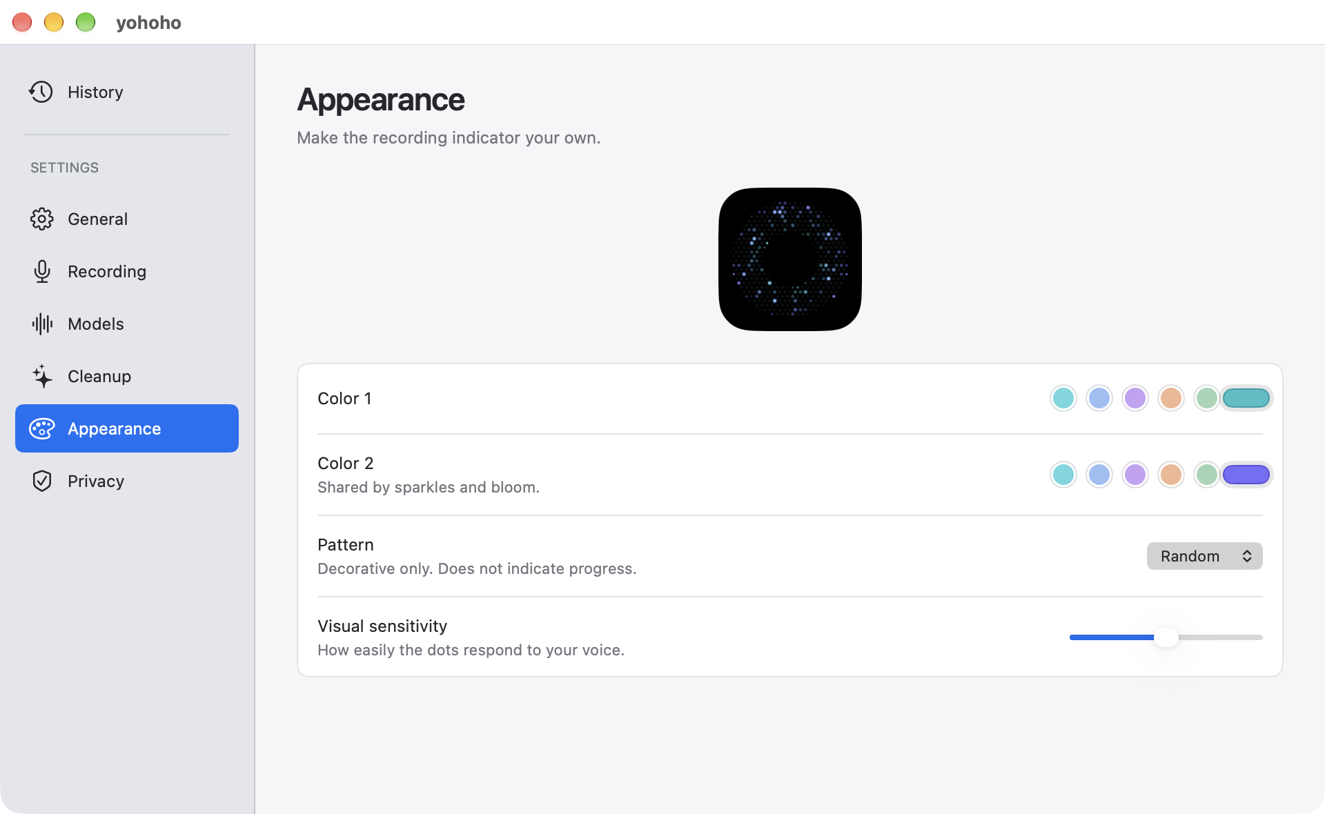Native Appearance window with color choices, a pattern selector, visual sensitivity, and ring preview