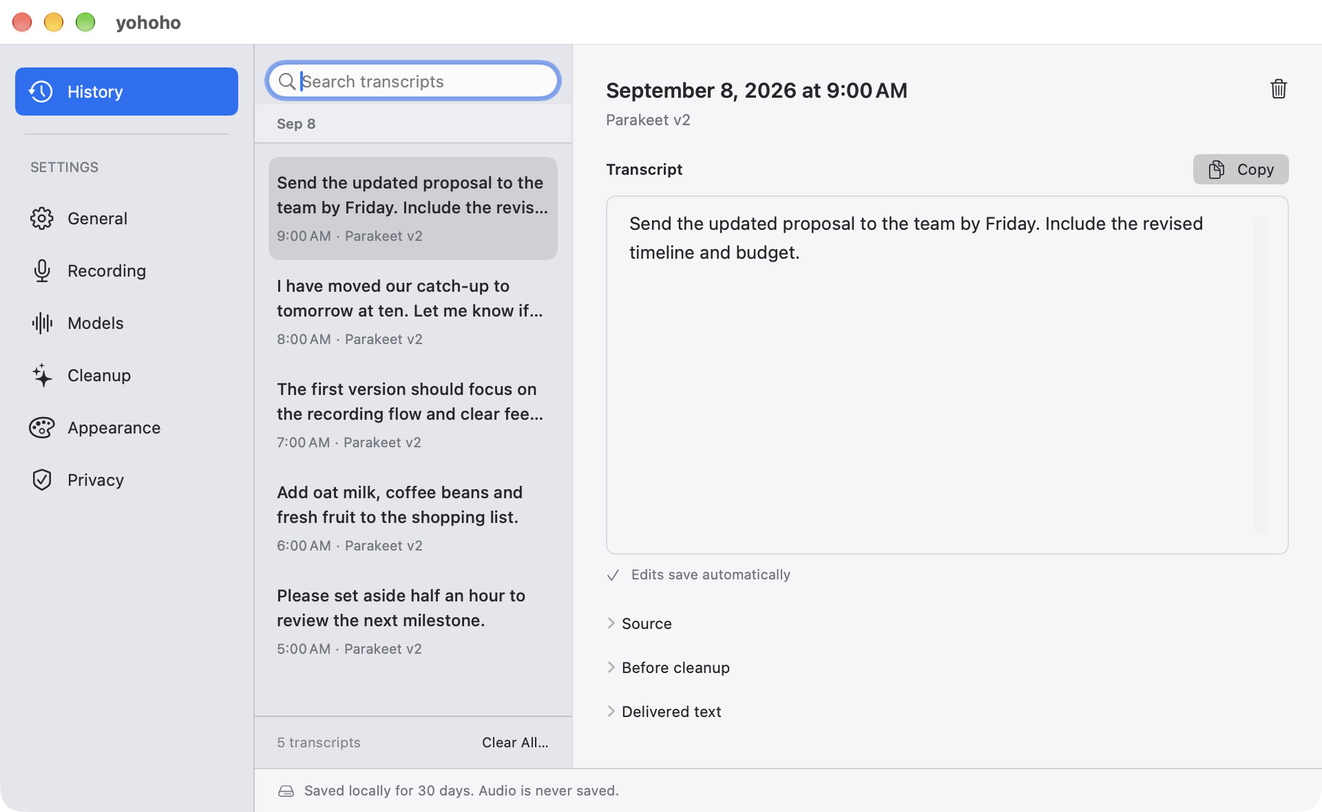 History window with searchable transcripts, editable current text, and original transcription