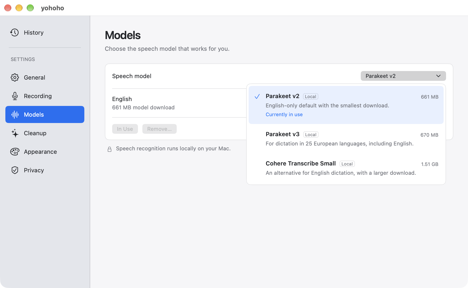 Native dropdown explaining Parakeet V2, V3, and Cohere Small