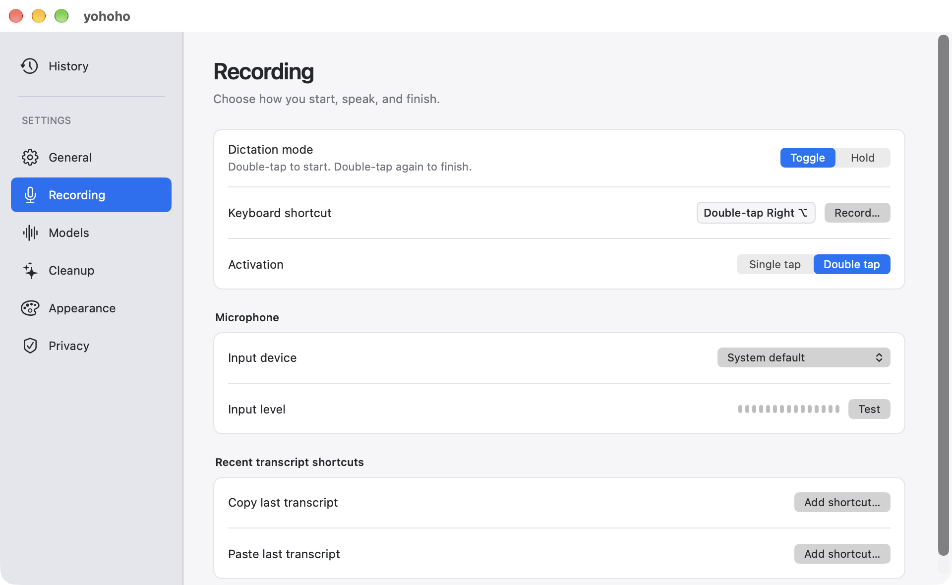 Native Recording settings with shortcut, Hold and Toggle, microphone selection, and input testing