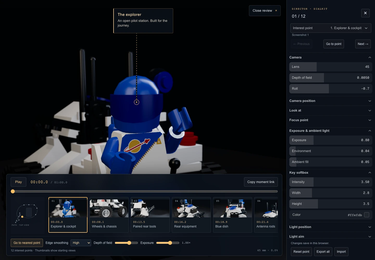 The DialKit editor beside the live rover, with camera and light settings, a camera-path map and a strip of interest points