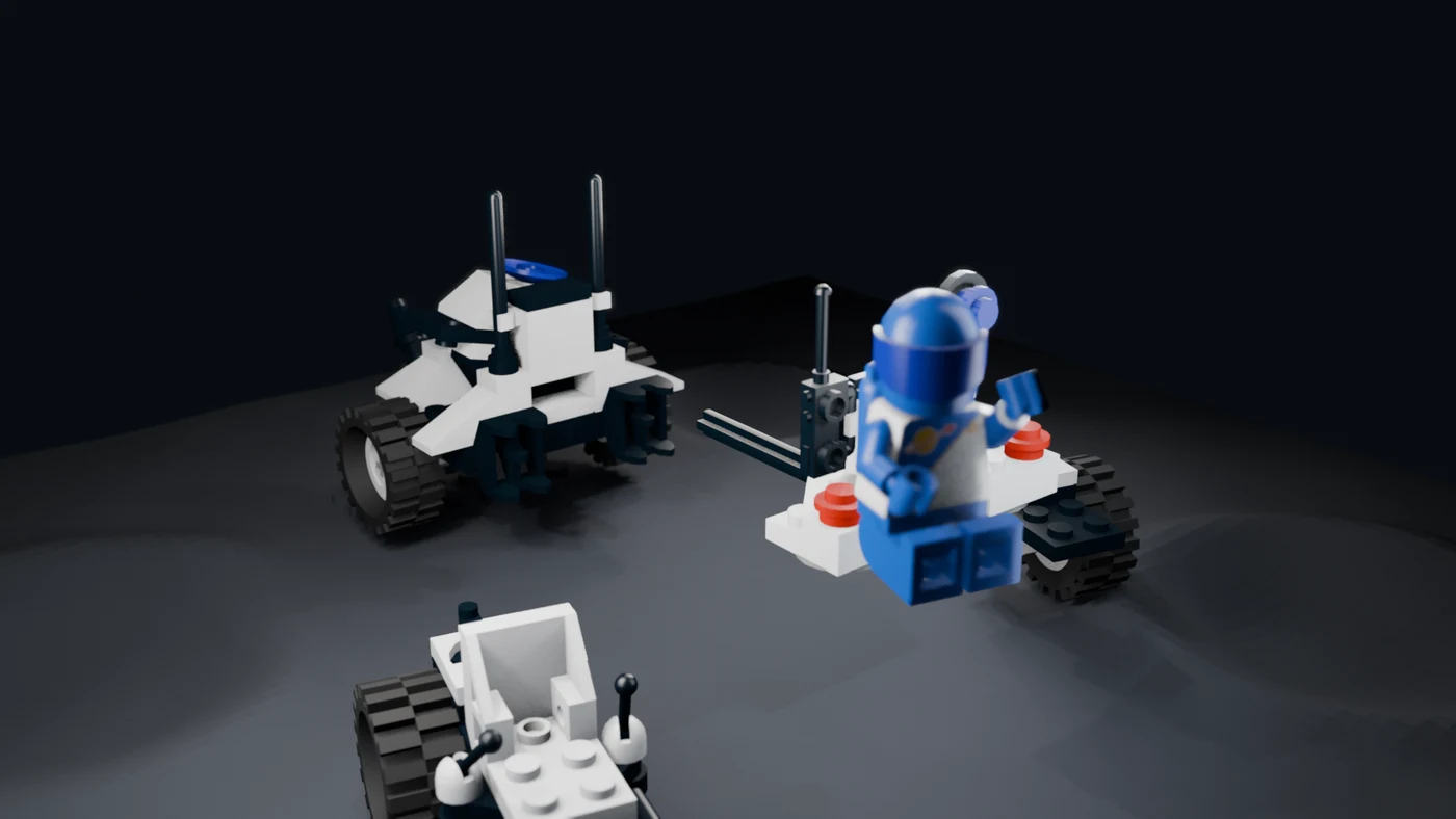The separated rover assemblies in a clean frame from the finished Blender film